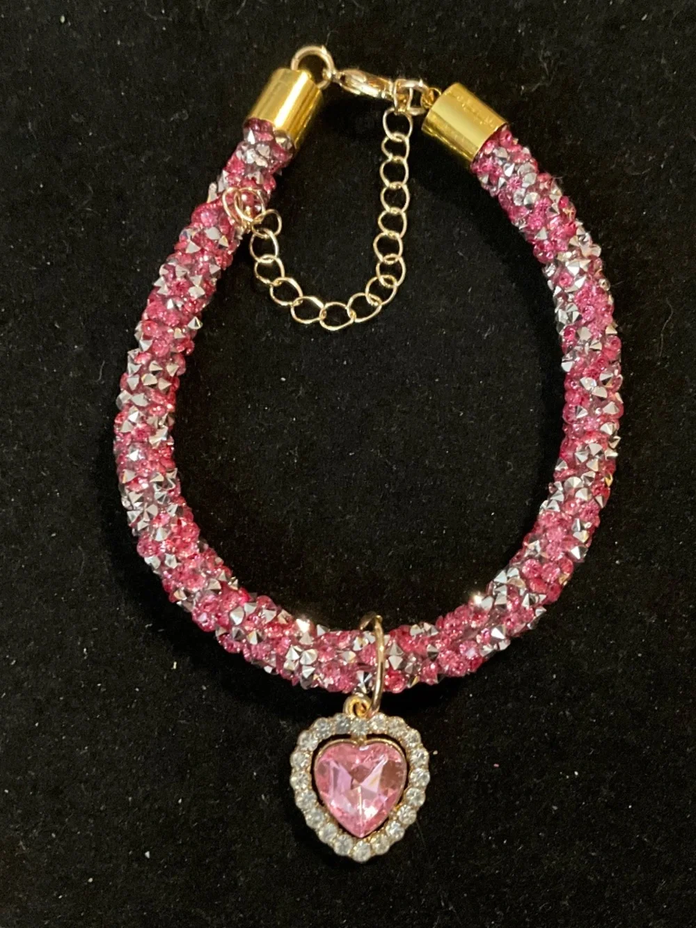 Pink Rhinestone Pet Necklace Heart Charm Dog Cat Adjustable 7.87in + Ext